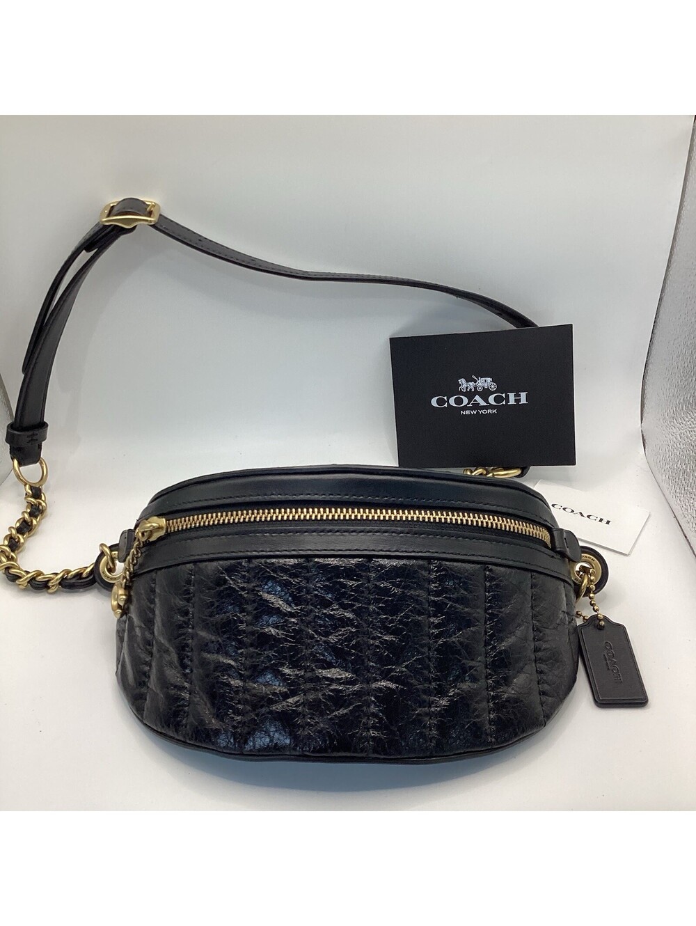COACH Black Leather Fanny Pack/BeltBag with Gold Zipper On Both Sides